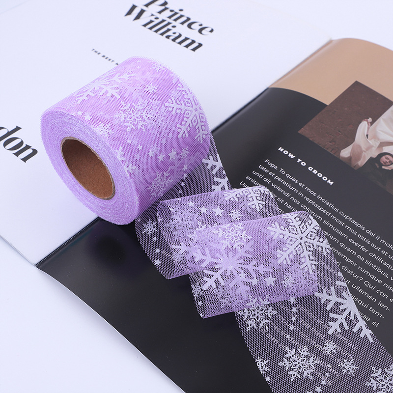6/8/10/12CM*25YARDS High quality offset printing large snowflake hexagonal base fabric tulle roll, DIY handmade bow headdress material ribbon HX318