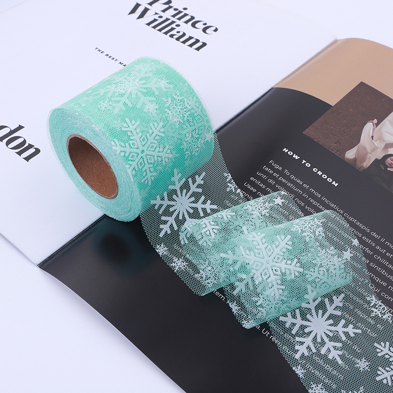6/8/10/12CM*25YARDS High quality offset printing large snowflake hexagonal base fabric tulle roll, DIY handmade bow headdress material ribbon HX318