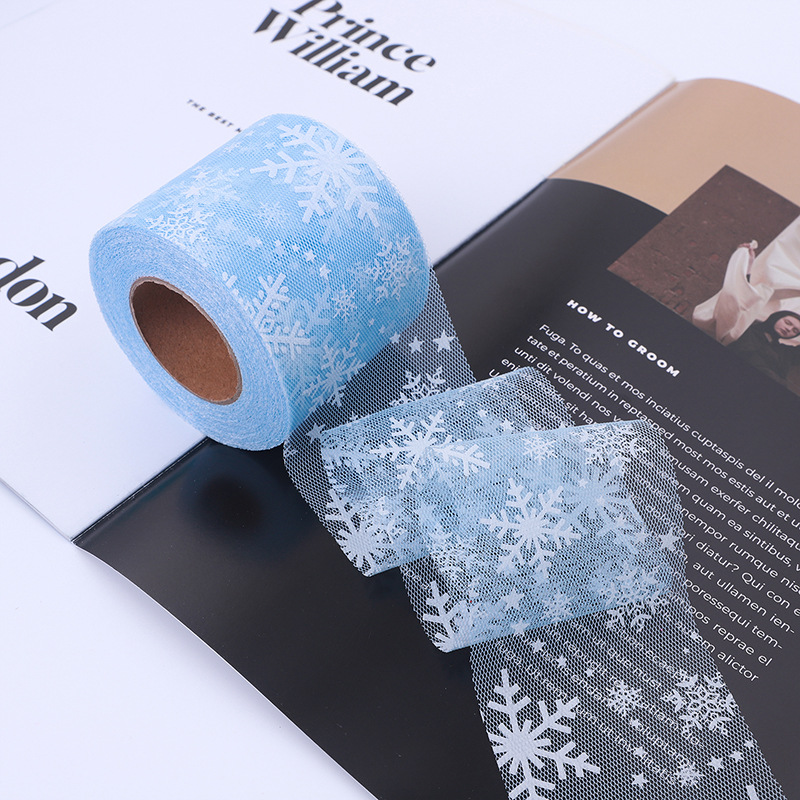 6/8/10/12CM*25YARDS High quality offset printing large snowflake hexagonal base fabric tulle roll, DIY handmade bow headdress material ribbon HX318