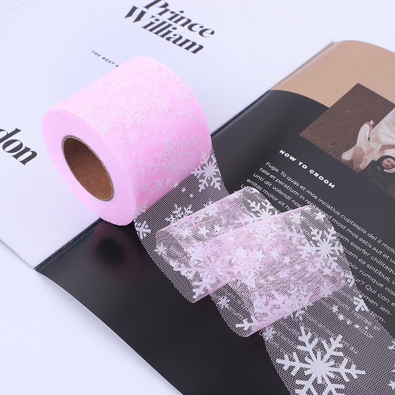 6/8/10/12CM*25YARDS High quality offset printing large snowflake hexagonal base fabric tulle roll, DIY handmade bow headdress material ribbon HX318
