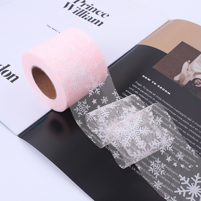 6/8/10/12CM*25YARDS High quality offset printing large snowflake hexagonal base fabric tulle roll, DIY handmade bow headdress material ribbon HX318