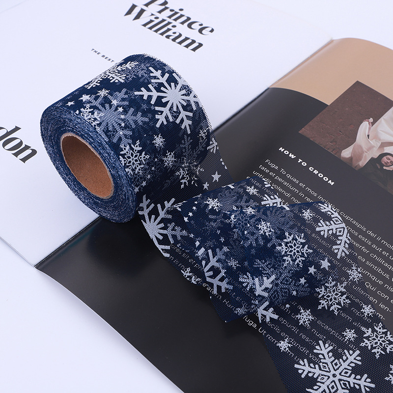 6/8/10/12CM*25YARDS High quality offset printing large snowflake hexagonal base fabric tulle roll, DIY handmade bow headdress material ribbon HX318