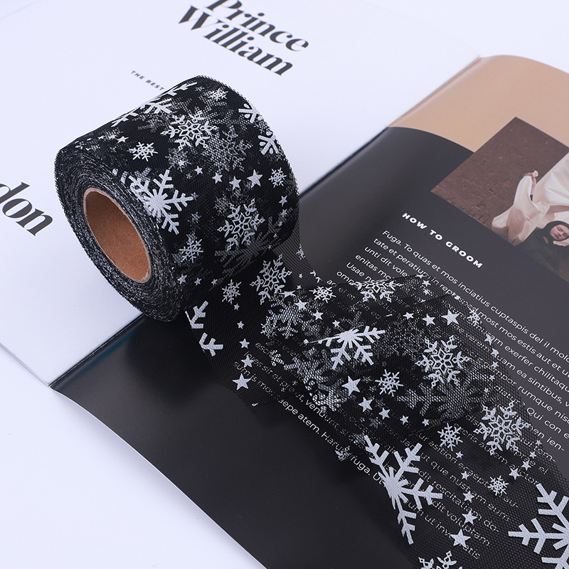 6/8/10/12CM*25YARDS High quality offset printing large snowflake hexagonal base fabric tulle roll, DIY handmade bow headdress material ribbon HX318