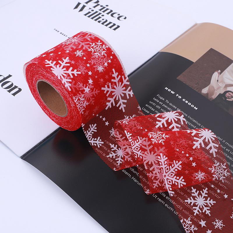 6/8/10/12CM*25YARDS High quality offset printing large snowflake hexagonal base fabric tulle roll, DIY handmade bow headdress material ribbon HX318