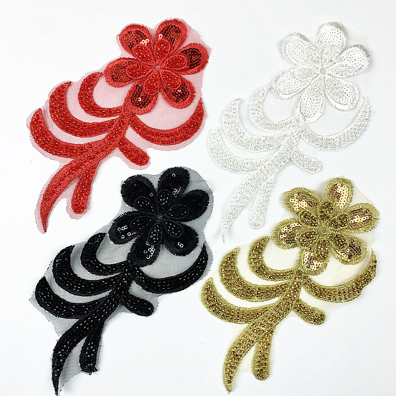 zsbszc 1pcs black red white gold Embroidered Applique Flower Sequin patch sew on cloth wedding gown clothing accescies T-ZB02