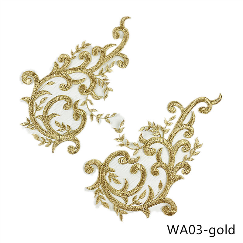 5Pairs Exquisite Gold Thread Embroidery Applique Wedding Dress Accessories Lace Flower Patch DIY Handmade Sew on clothing WA03