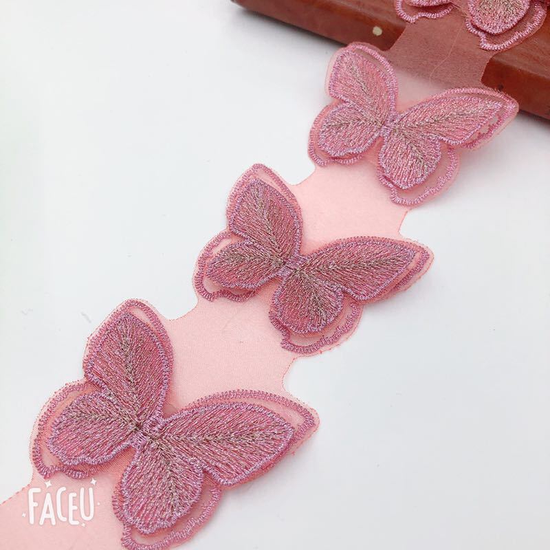 wholesale 5cm wide double layer butterfly lace trim embroidery pink blue sewing embroidered net mesh organza bridal fabric lace H005