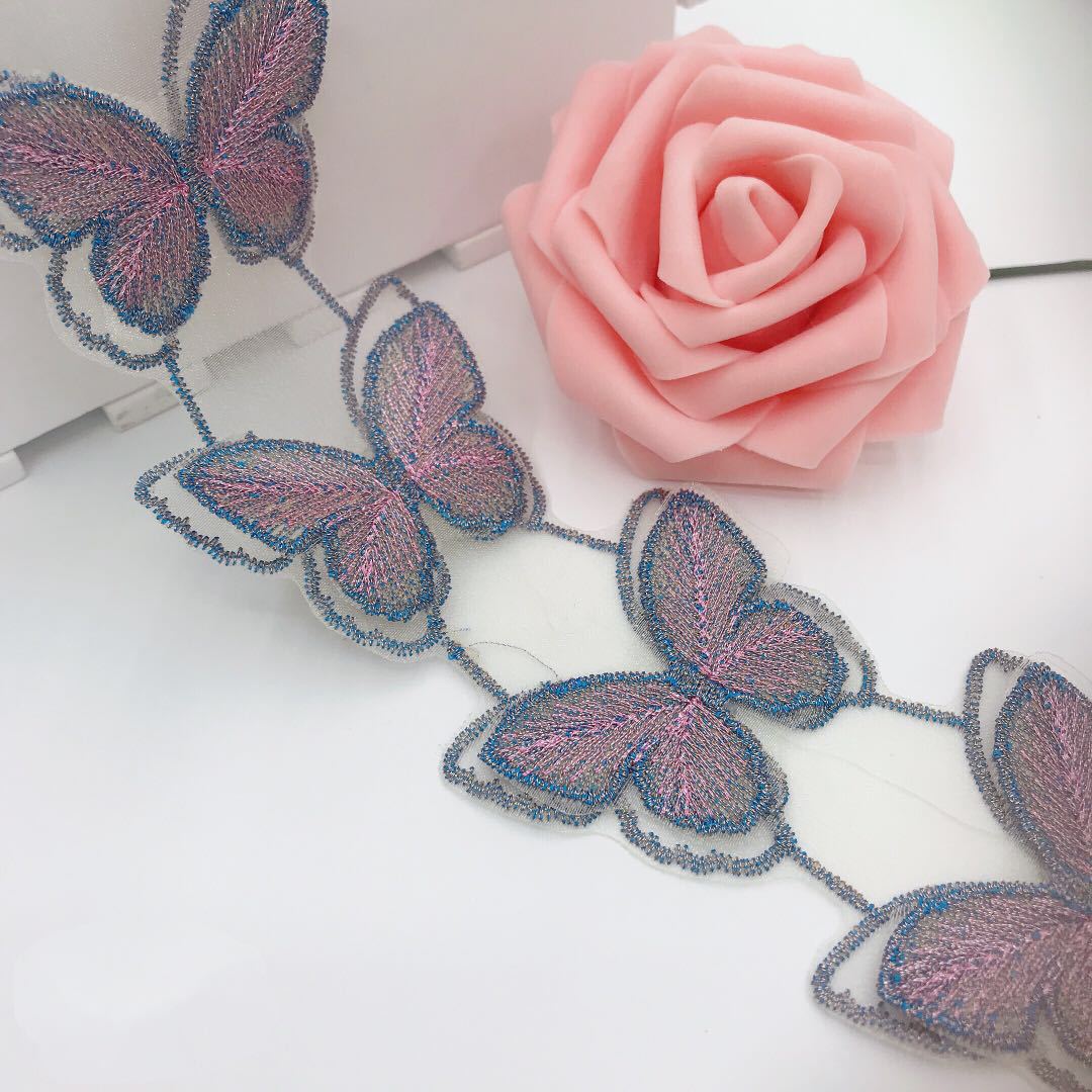 wholesale 5cm wide double layer butterfly lace trim embroidery pink blue sewing embroidered net mesh organza bridal fabric lace H005