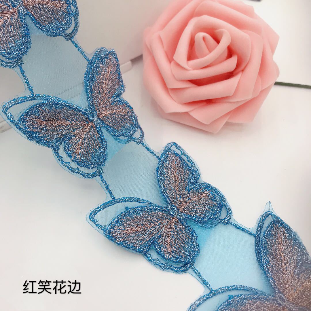 wholesale 5cm wide double layer butterfly lace trim embroidery pink blue sewing embroidered net mesh organza bridal fabric lace H005