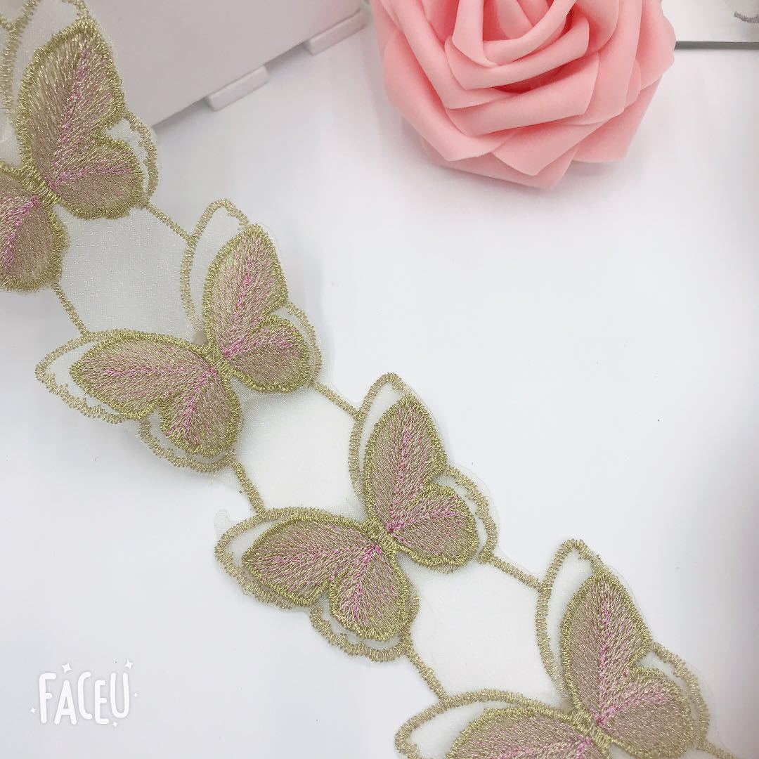 wholesale 5cm wide double layer butterfly lace trim embroidery pink blue sewing embroidered net mesh organza bridal fabric lace H005
