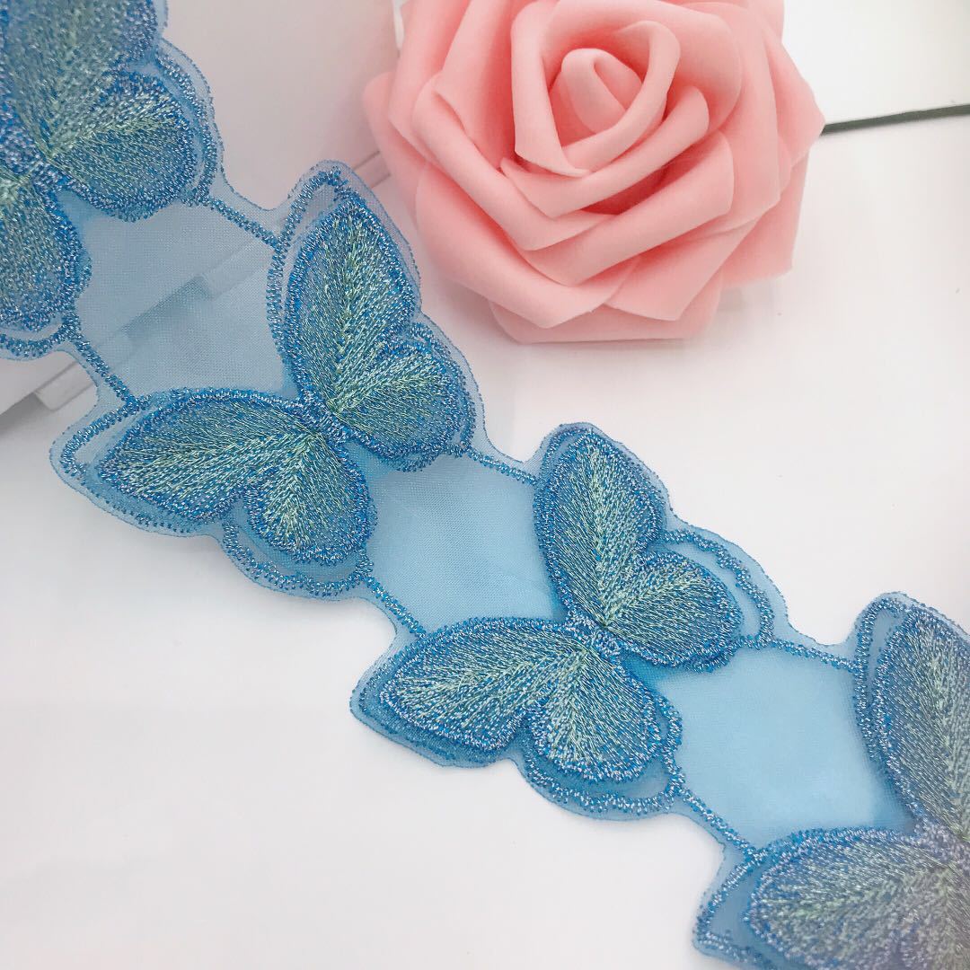 wholesale 5cm wide double layer butterfly lace trim embroidery pink blue sewing embroidered net mesh organza bridal fabric lace H005
