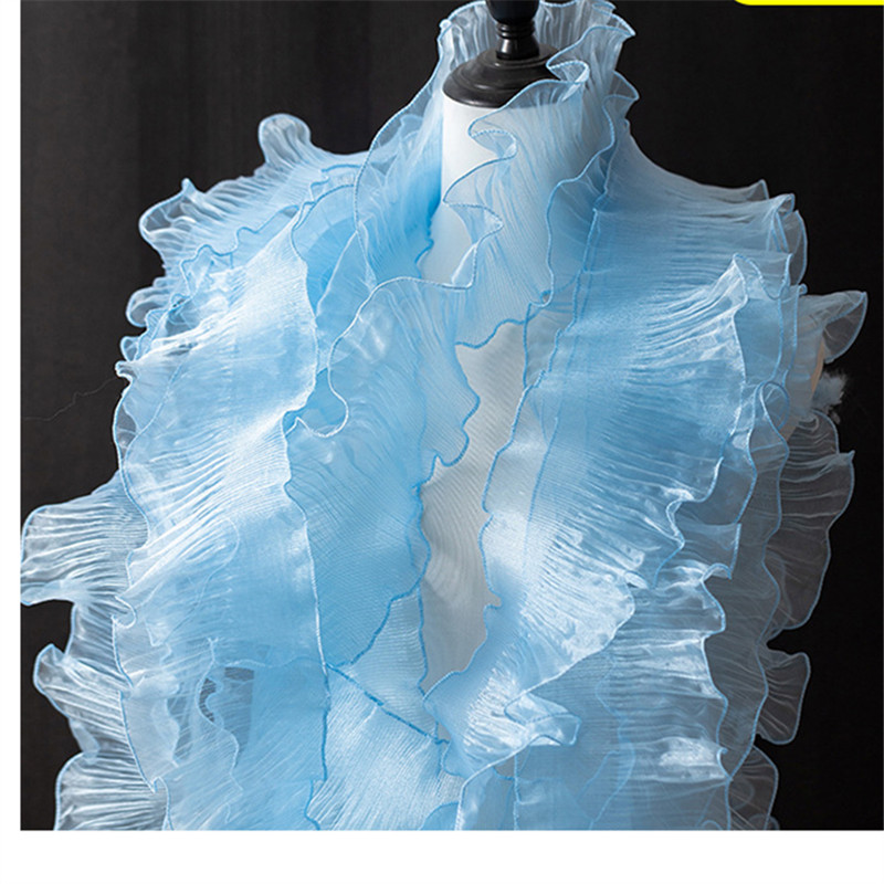 12cm width Shimmer Gradient Mermaid Sheer Organza Transparent Bright Wave Single Ruffle Lace Trim 3D Pleated Mesh Lotus Leaf Fabric WB36