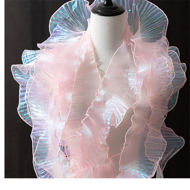 12cm width Shimmer Gradient Mermaid Sheer Organza Transparent Bright Wave Single Ruffle Lace Trim 3D Pleated Mesh Lotus Leaf Fabric WB36