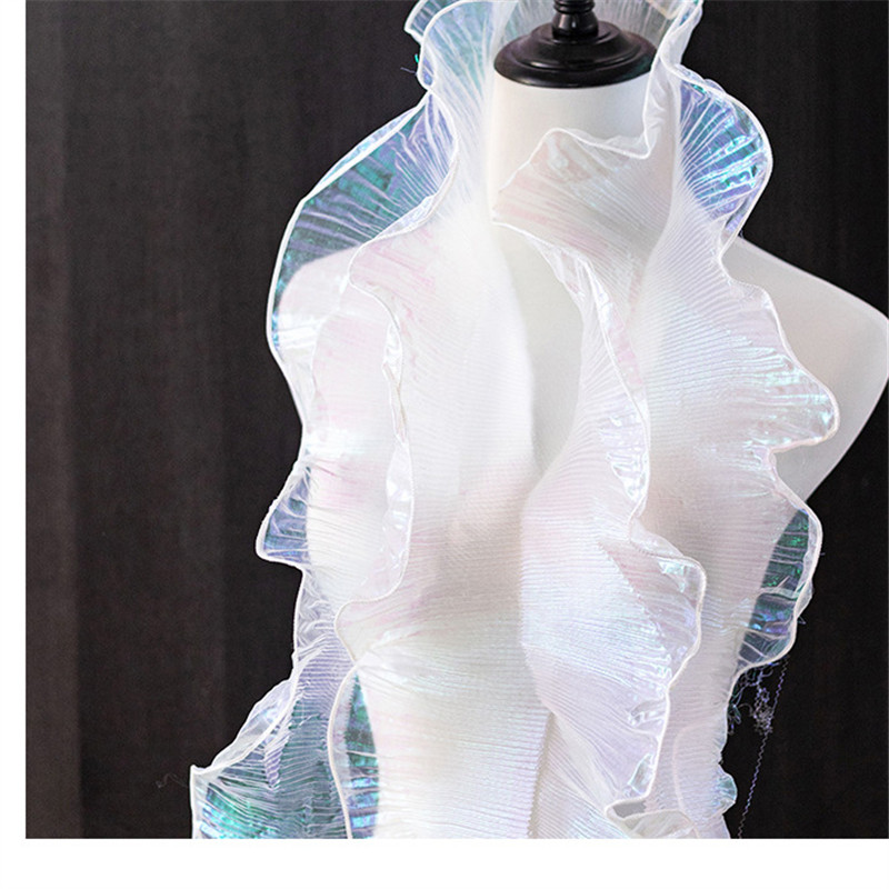 12cm width Shimmer Gradient Mermaid Sheer Organza Transparent Bright Wave Single Ruffle Lace Trim 3D Pleated Mesh Lotus Leaf Fabric WB36