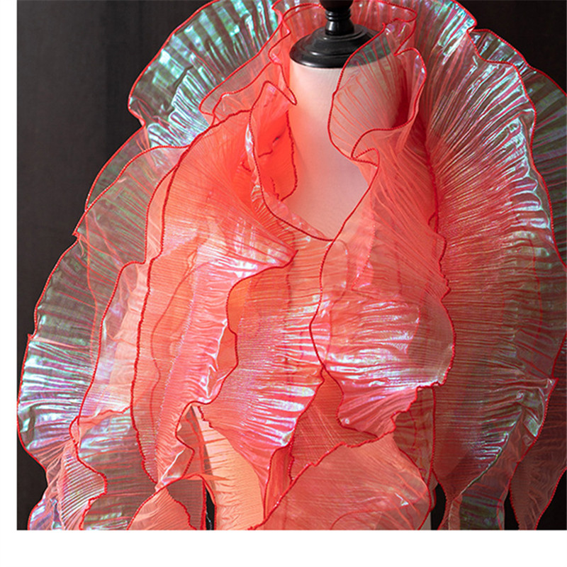 12cm width Shimmer Gradient Mermaid Sheer Organza Transparent Bright Wave Single Ruffle Lace Trim 3D Pleated Mesh Lotus Leaf Fabric WB36