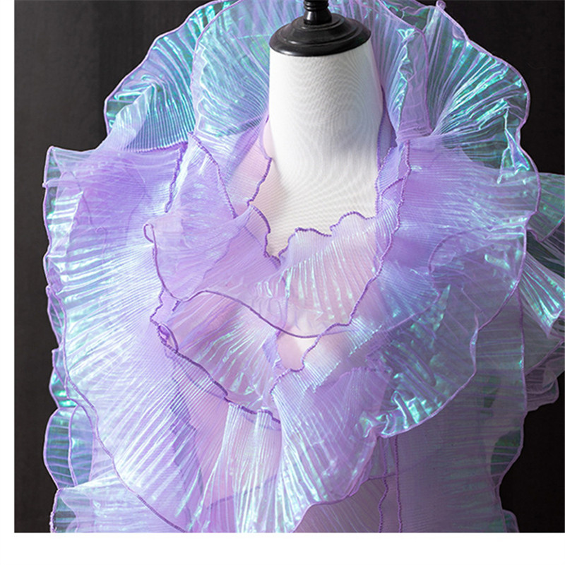 12cm width Shimmer Gradient Mermaid Sheer Organza Transparent Bright Wave Single Ruffle Lace Trim 3D Pleated Mesh Lotus Leaf Fabric WB36