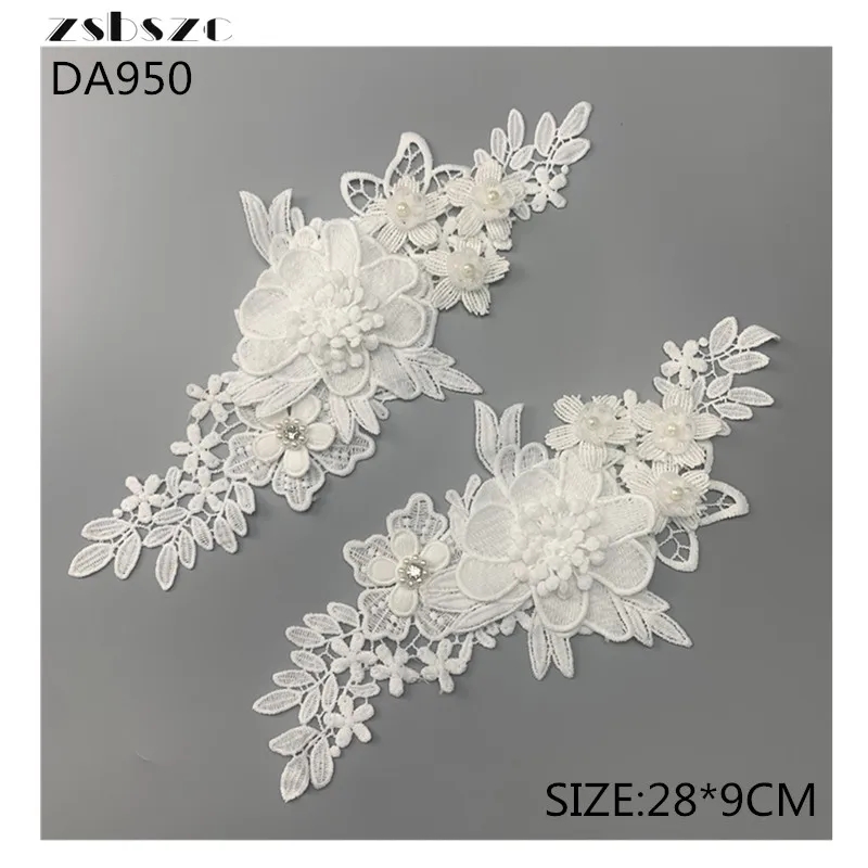 zsbszc 1 pair 28*9CM white 3D embroidery Lace flowers Applique patches Venise DIY Wedding dress Garment accessories DA950
