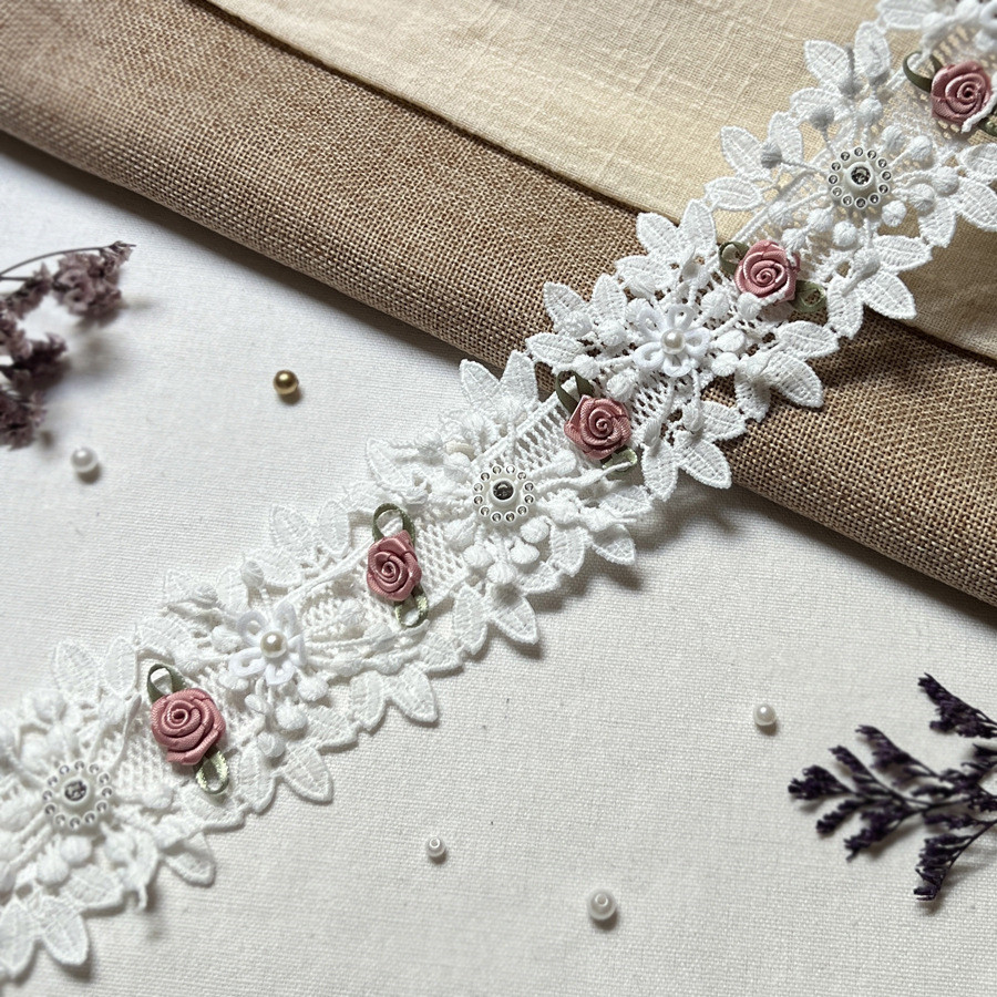 Handmade DIY Pink White Chiffon Leaf Eight Petals Pearl Flower Lace Trim For Child Clothes WB39