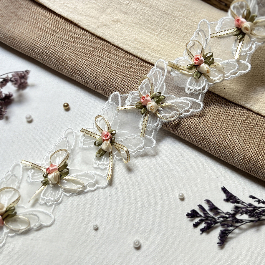 Handmade DIY Pink White Chiffon Leaf Eight Petals Pearl Flower Lace Trim For Child Clothes WB39