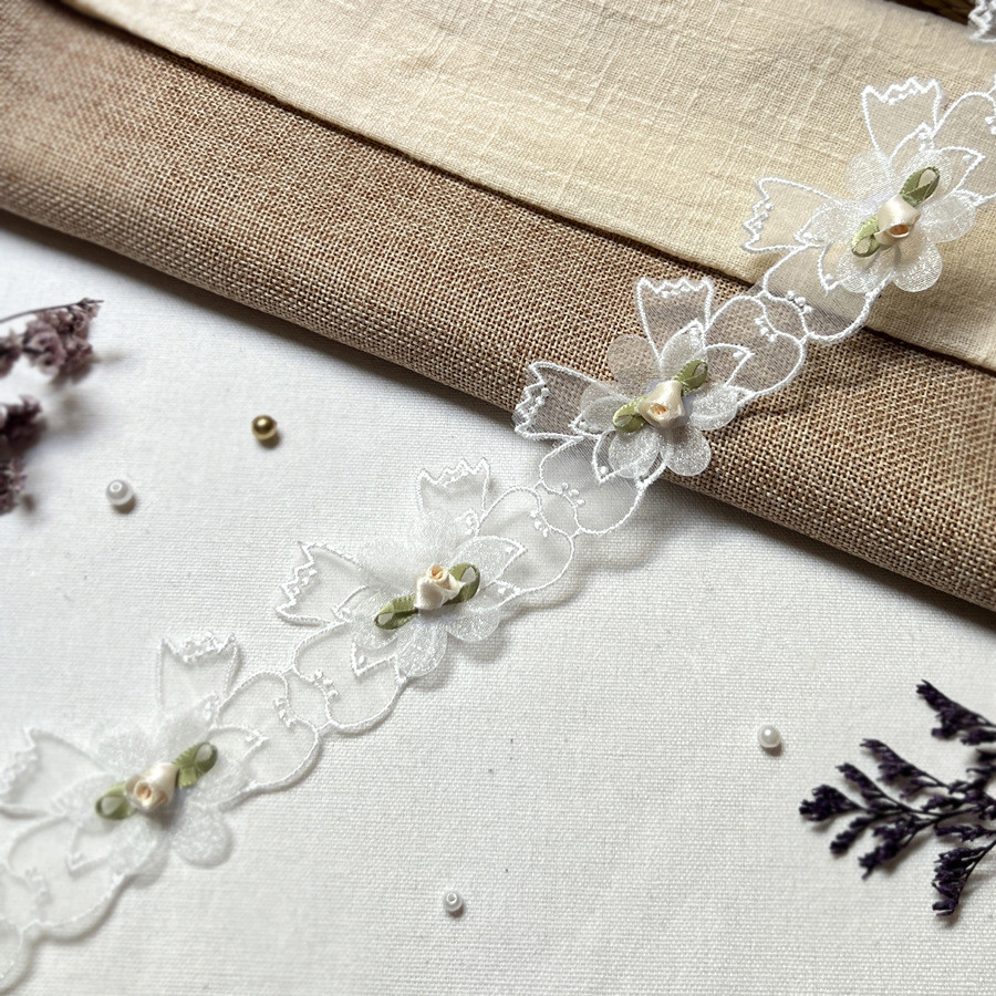 Handmade DIY Pink White Chiffon Leaf Eight Petals Pearl Flower Lace Trim For Child Clothes WB39