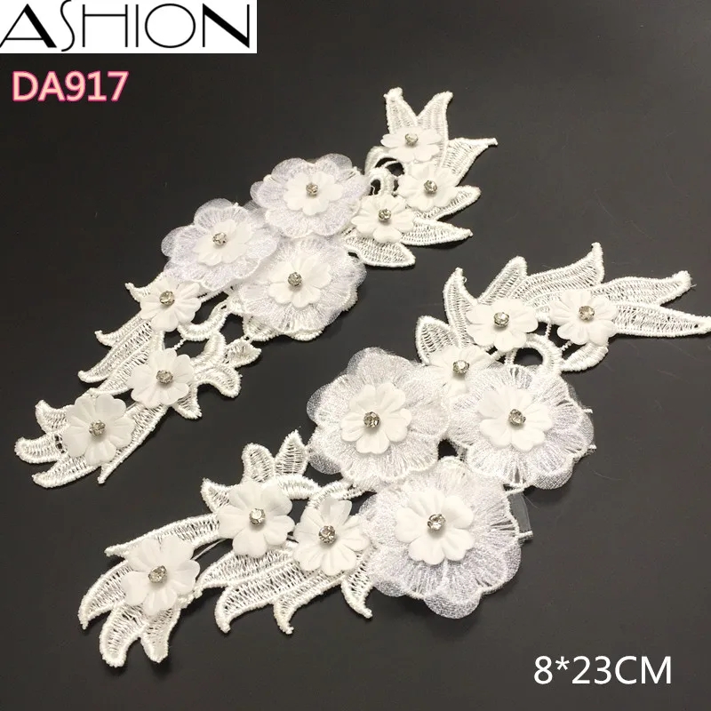 zsbszc 1 pair Rhinestones 3D lace Appliques White Wedding Lace Flowers Embroidered Dress Lace Motifs Venise Lace DA917