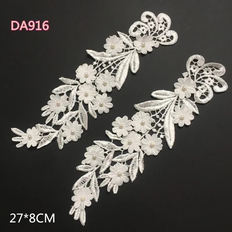 zsbszc 1 pair  Rhinestones 3D lace Appliques White Wedding Lace Flowers Embroidered Dress Lace Motifs Venise Lace  DA916
