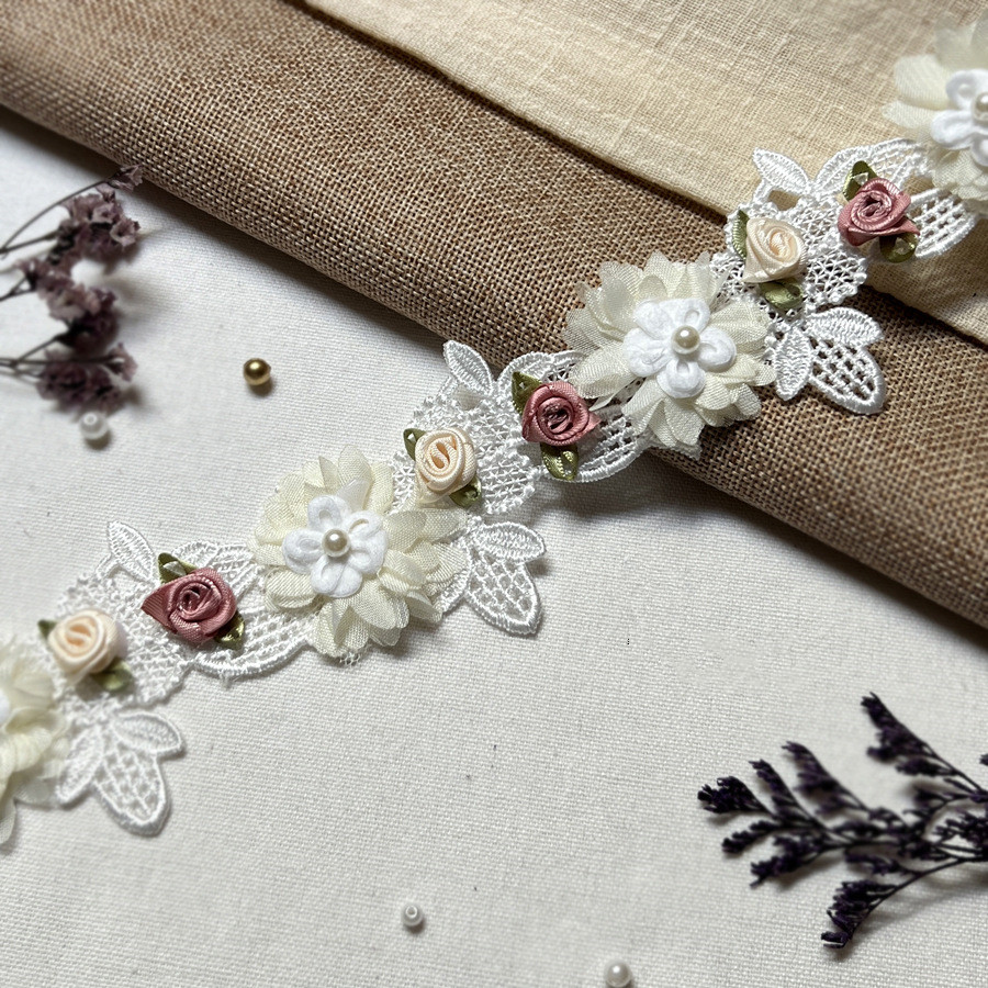 Handmade DIY Pink White Chiffon Leaf Eight Petals Pearl Flower Lace Trim For Child Clothes WB39