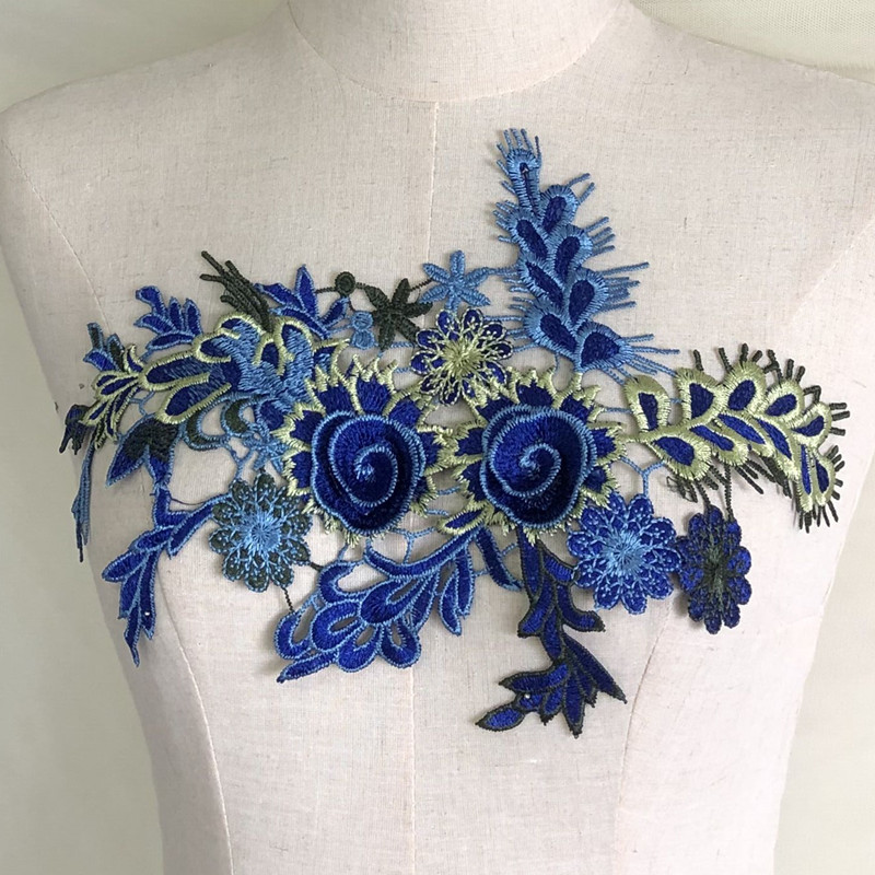 Royal blue water soluble embroidery lace patch clothes decoration formal dress accessories CA079