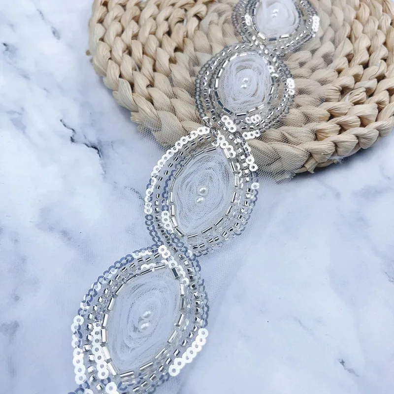 NEW 1yard Width 4cm Bridal Belts Bling Wedding Women Lace Silver Pearl Crystal Sparkly Party Formal Dress Sequin Sash ZB099