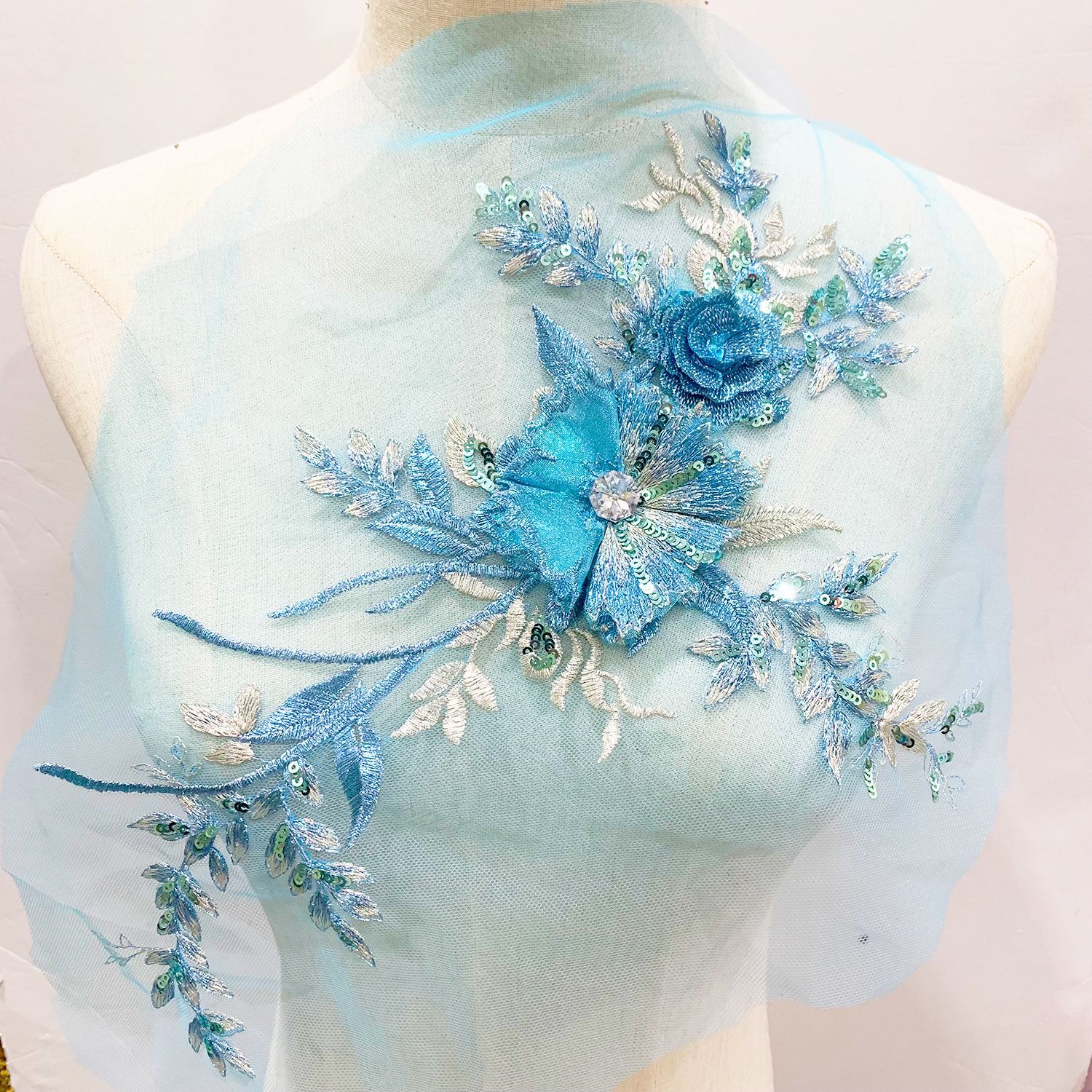 3D Blue Polyester Embroidery Flower Lace Chest Applique with Sequins Rhinestone for Dancing Dress Clothing Canvas CA077