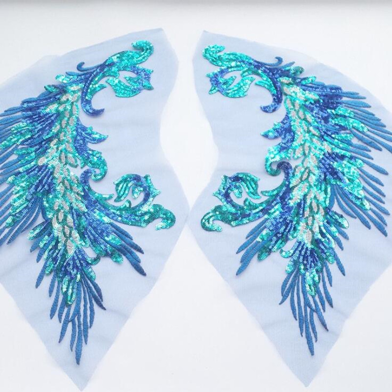 1pair Sequin embroidery hand-sewn phoenix peacock feather cloth paste wedding stage phoenix tail cloth paste accessories ZA69