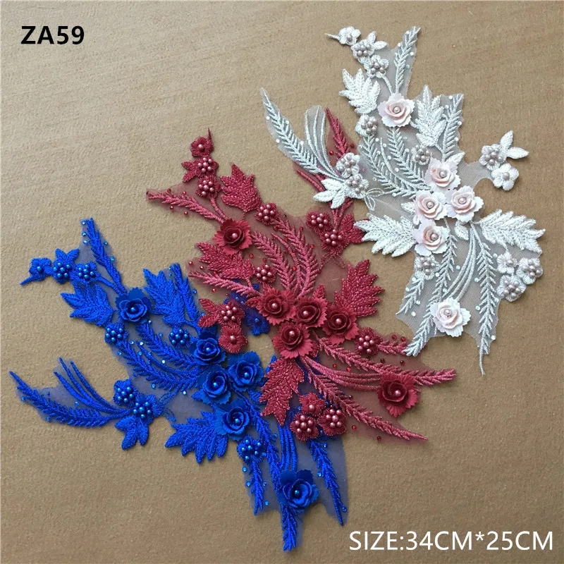 1 pair high-grade diamond embroidery bead lace black beige navy red purple pink blue green wedding dress veil clothing patch  ZA59