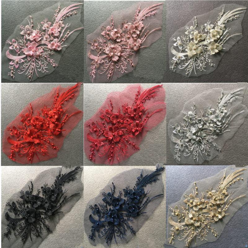 1PCS Colorful hot sale three-dimensional beaded lace applique wedding dress performance costume embroidery sticker handmade diy material ZA54