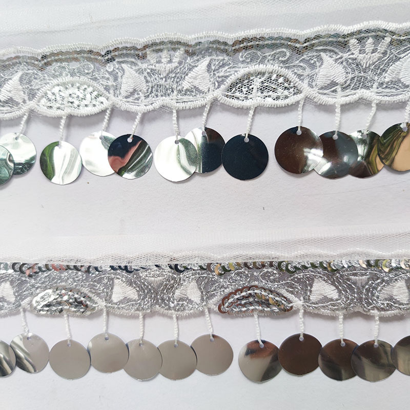 6CM gold and silver large sequins with hanging whiskers, machine embroidered beads, tassels, dance clothing accessories, lace XY10