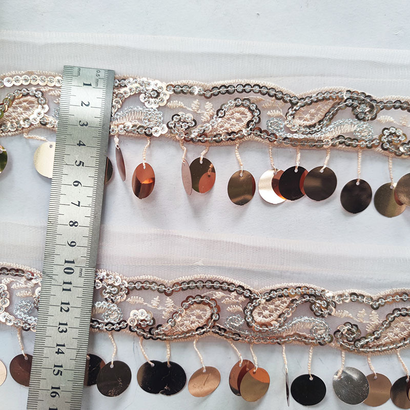 6CM gold and silver large sequins with hanging whiskers, machine embroidered beads, tassels, dance clothing accessories, lace XY10
