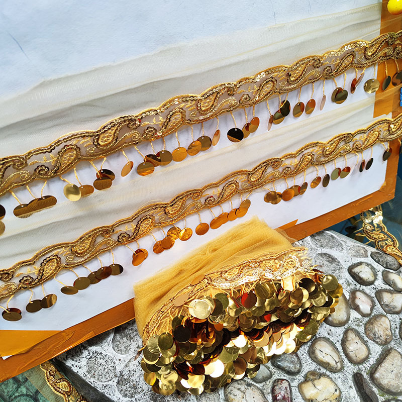 6CM gold and silver large sequins with hanging whiskers, machine embroidered beads, tassels, dance clothing accessories, lace XY10