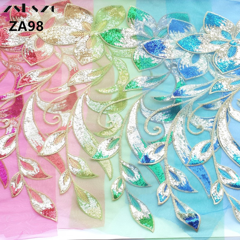 zsbszc 2pcs large 50*28cm mesh sequins lotus leaf flowers embroidered patch ethnic stage performance clothing accessories ZA98