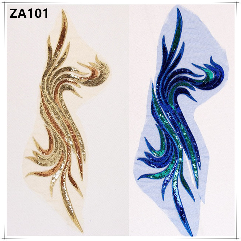 zsbszc 15*49CM 2pcs Sequin Embroidery Blue Gold Patch DIY Accessories Wedding Dress Fashion Trim Flowers Sew On Applique ZA101