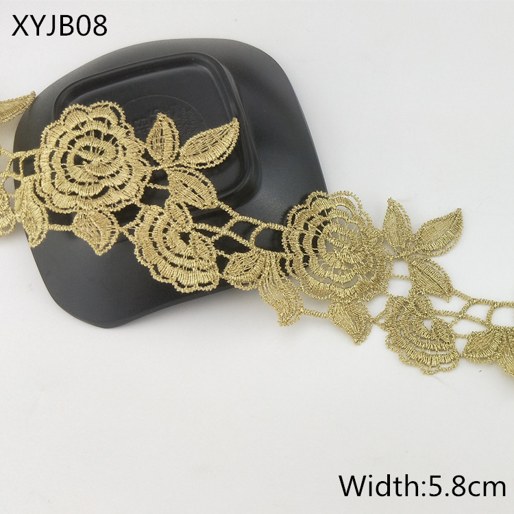 5.8CM Width 10Yards Gold Lace rose Flower Trim Ribbon Glitter Crocheted DIY Craft Sewing Supplies XYJB08
