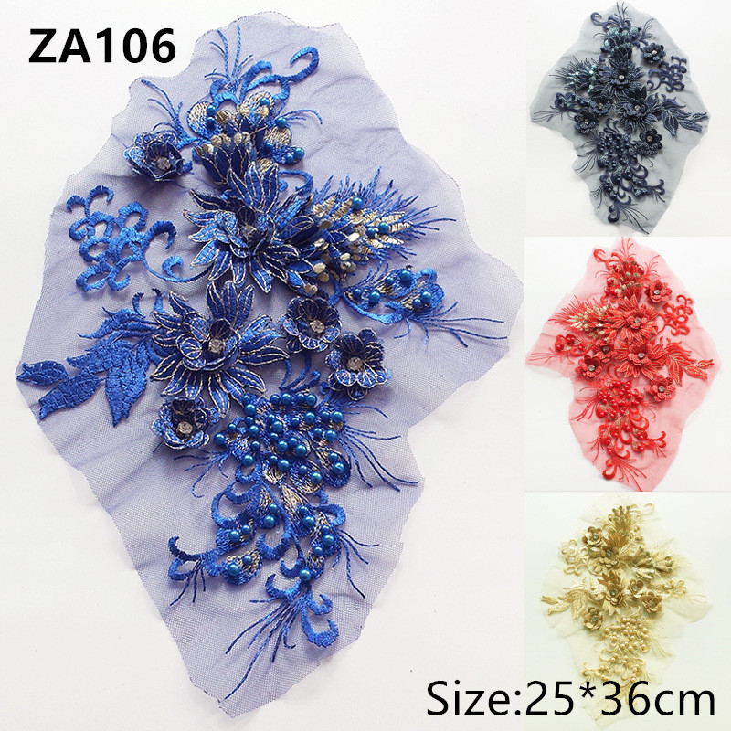 zsbszc 1pcs 25*36cm Mesh Pin Beads Diamond 3D Flower Embroidery Fabric Patches DIY Stage Dress Decoration Accessories ZA106