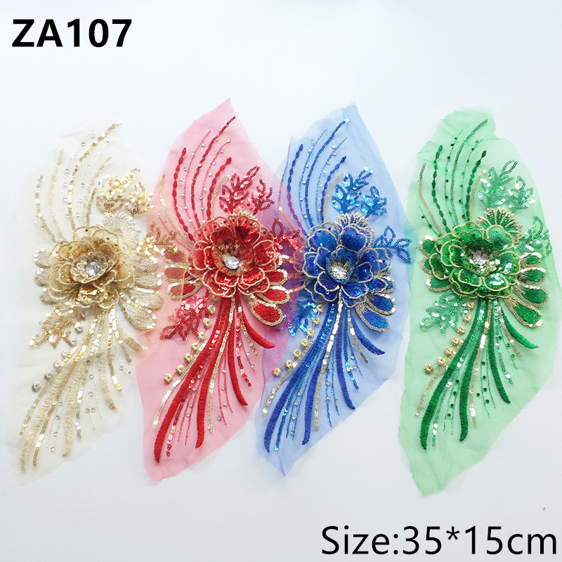 2pcs 35*15CM mesh embroidery sequins bright patches 3D flowers sew clothing stage performance clothing accessories decals ZA107