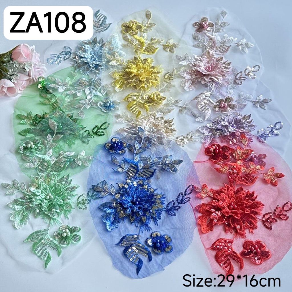New 5PCS 29*16CM 3D Sequins Flowers Embroidery Fabric Sticking Bead Mesh Lace Patch Wedding Dress Decoration Accessories ZA108