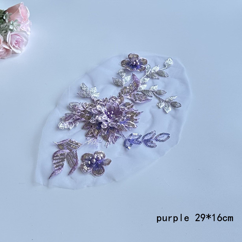 New 5PCS 29*16CM 3D Sequins Flowers Embroidery Fabric Sticking Bead Mesh Lace Patch Wedding Dress Decoration Accessories ZA108