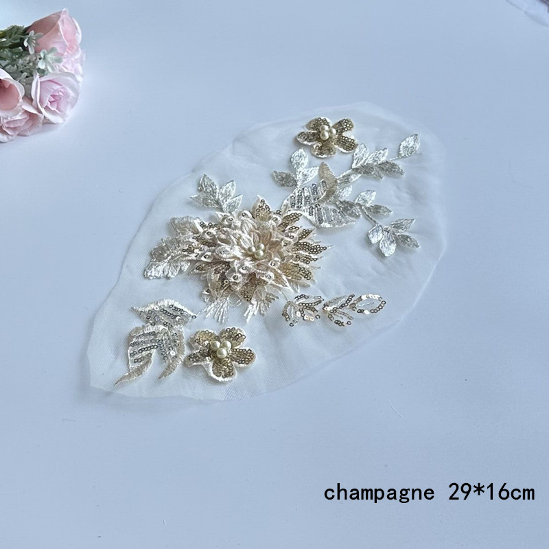 New 5PCS 29*16CM 3D Sequins Flowers Embroidery Fabric Sticking Bead Mesh Lace Patch Wedding Dress Decoration Accessories ZA108