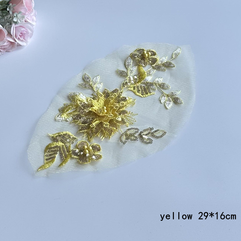 New 5PCS 29*16CM 3D Sequins Flowers Embroidery Fabric Sticking Bead Mesh Lace Patch Wedding Dress Decoration Accessories ZA108