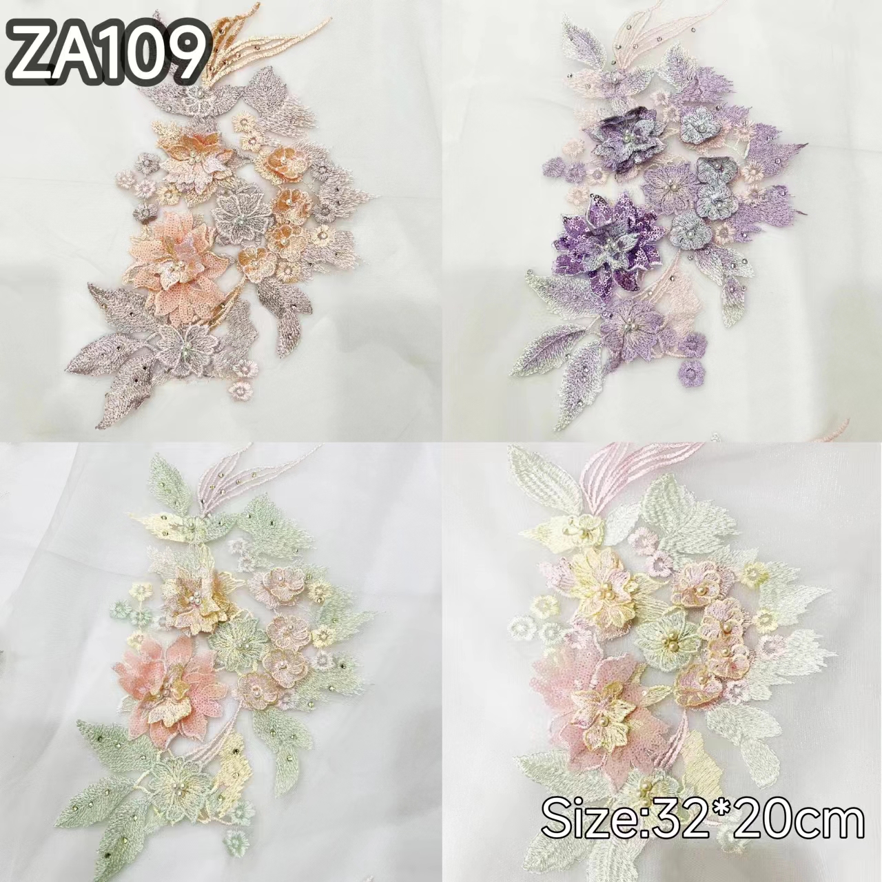 3PCS 32*20CM lace embroidery patches 3D sequin and diamond breast flowers wedding dress children's costume DIY accessories ZA109