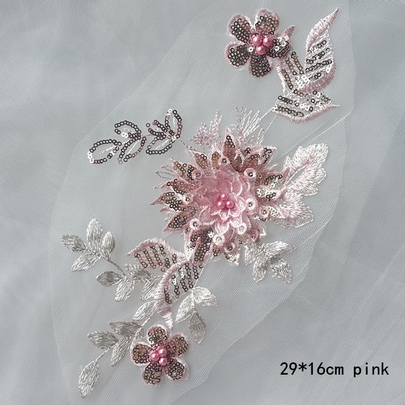 New 5PCS 29*16CM 3D Sequins Flowers Embroidery Fabric Sticking Bead Mesh Lace Patch Wedding Dress Decoration Accessories ZA108
