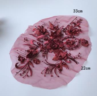 Three-dimensional flower mesh embroidery patch nail bead diamond lace wedding dress patch clothes decoration accessories wine red  CC103