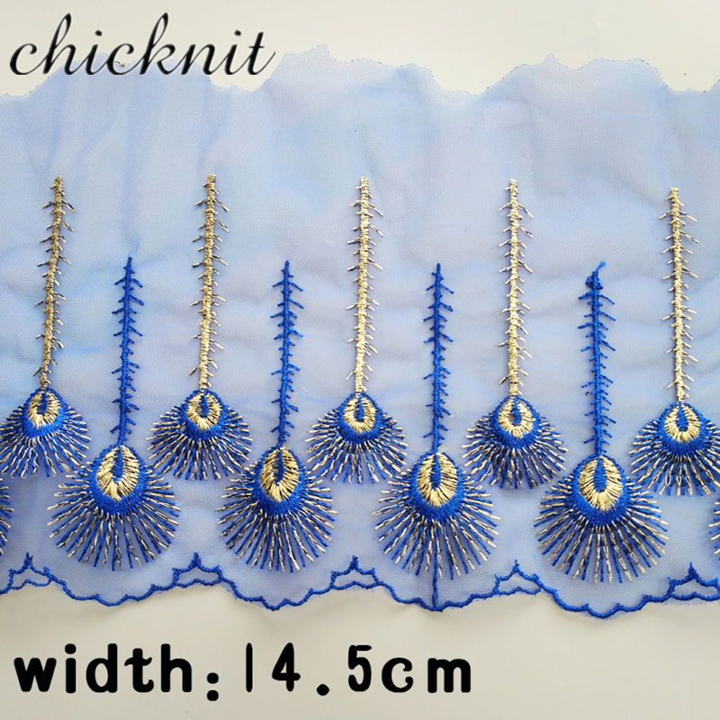 CHICKNIT width145mm Multi color colors red Peacock feathers Embroidery Tulle lace trim 2024for Doll Wedding Dress WB003