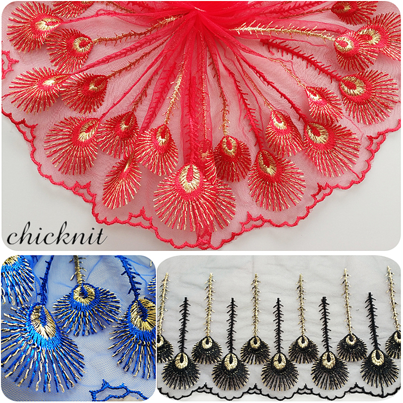 CHICKNIT width145mm Multi color colors red Peacock feathers Embroidery Tulle lace trim 2024for Doll Wedding Dress WB003